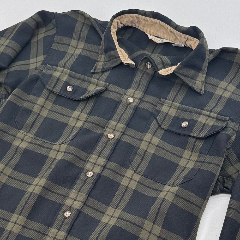 Vintage Cabelas Mens Large Plaid Flannel Shirt Olive Green Black USA Made